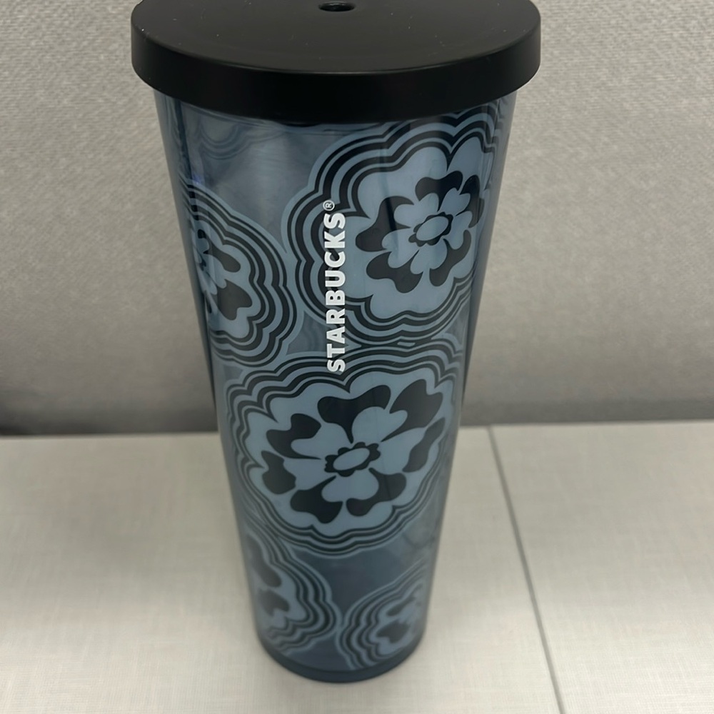 Starbucks Coffee Blue Black Wave Floral Venti Cold Cup Travel‎ Tumbler